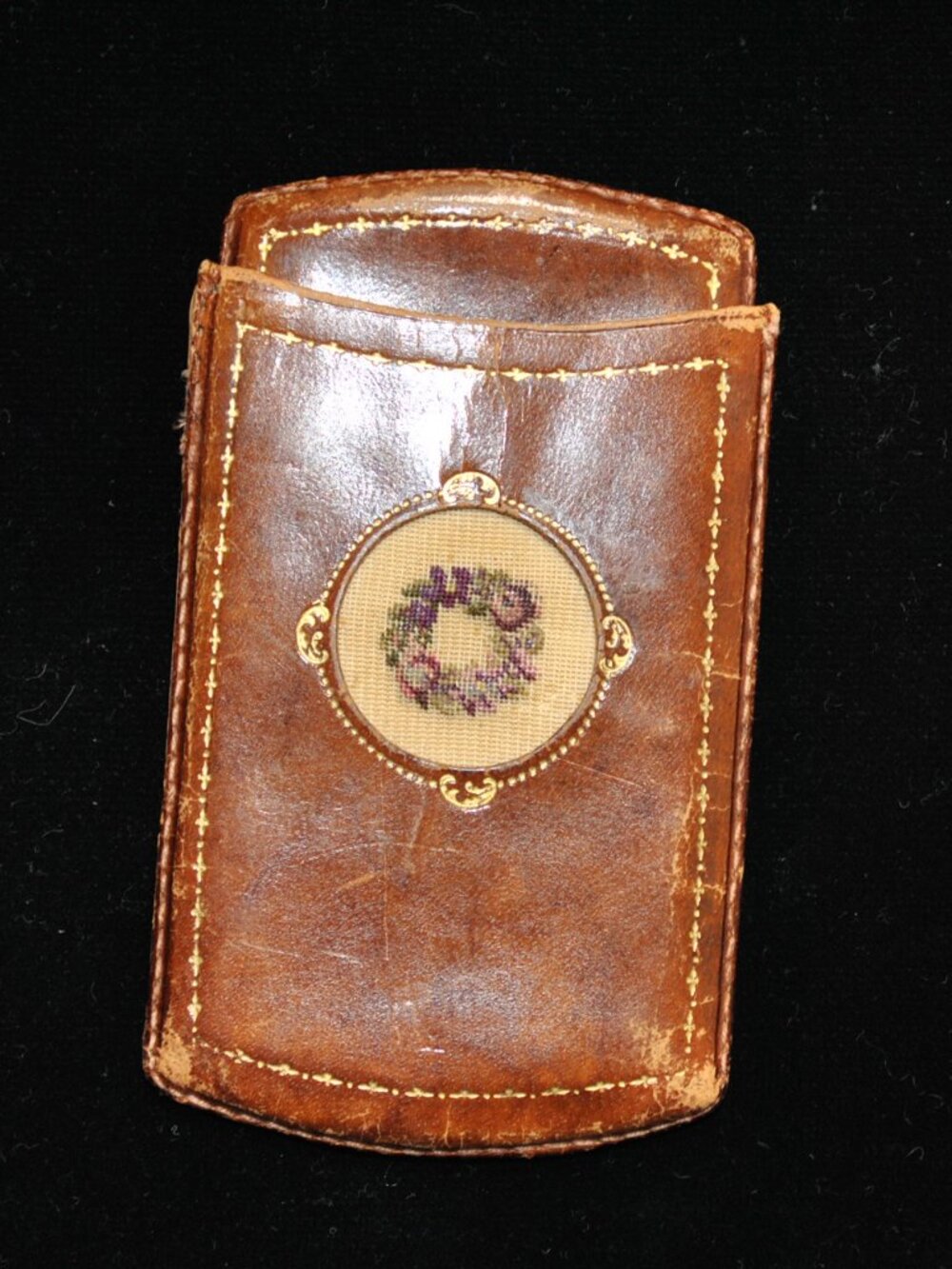 Collectible Antique Leather Cigarette Case with Petit Point Embroidery Floral
